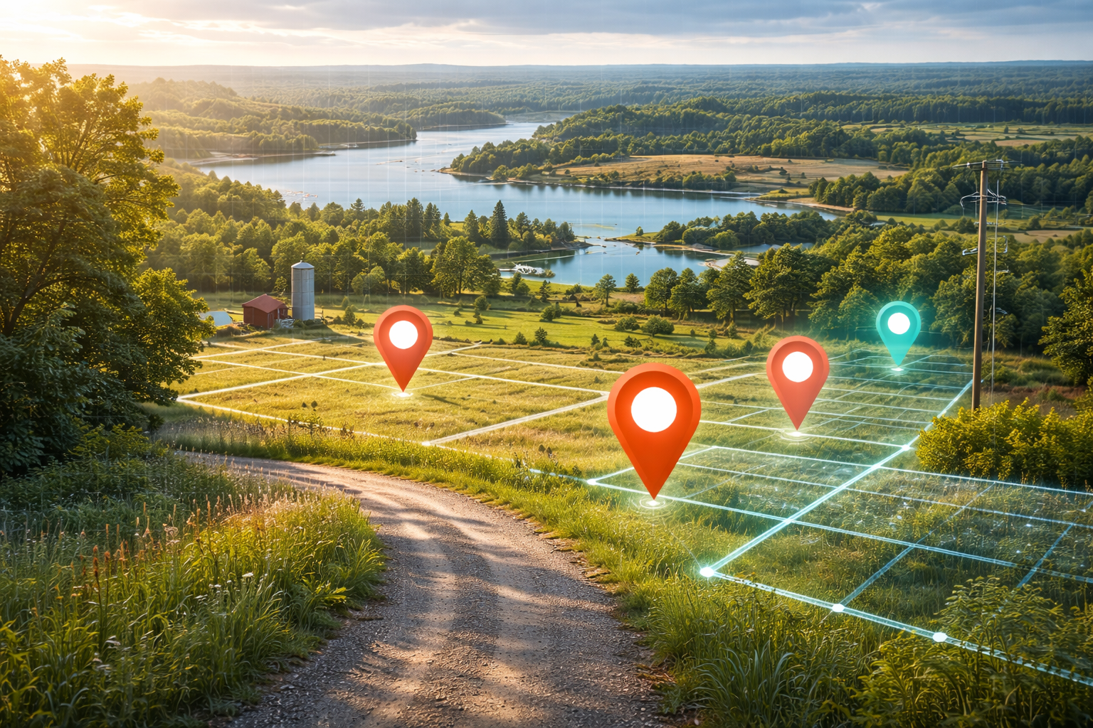 Aerial view of rural landscape with GIS grid and location markers